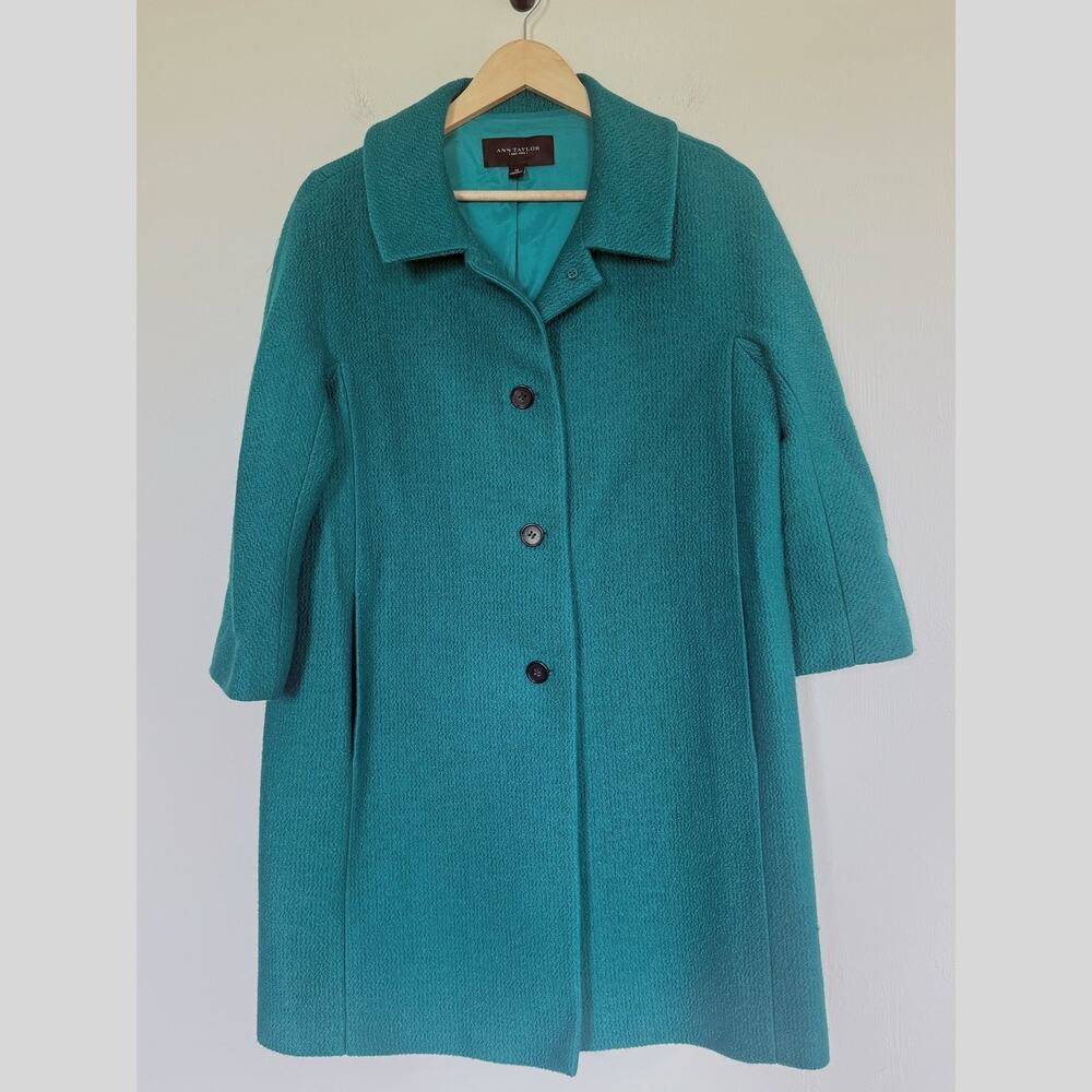 ANN TAYLOR wool blend jade teal green 3 button mid length car coat 3/4 sleeve